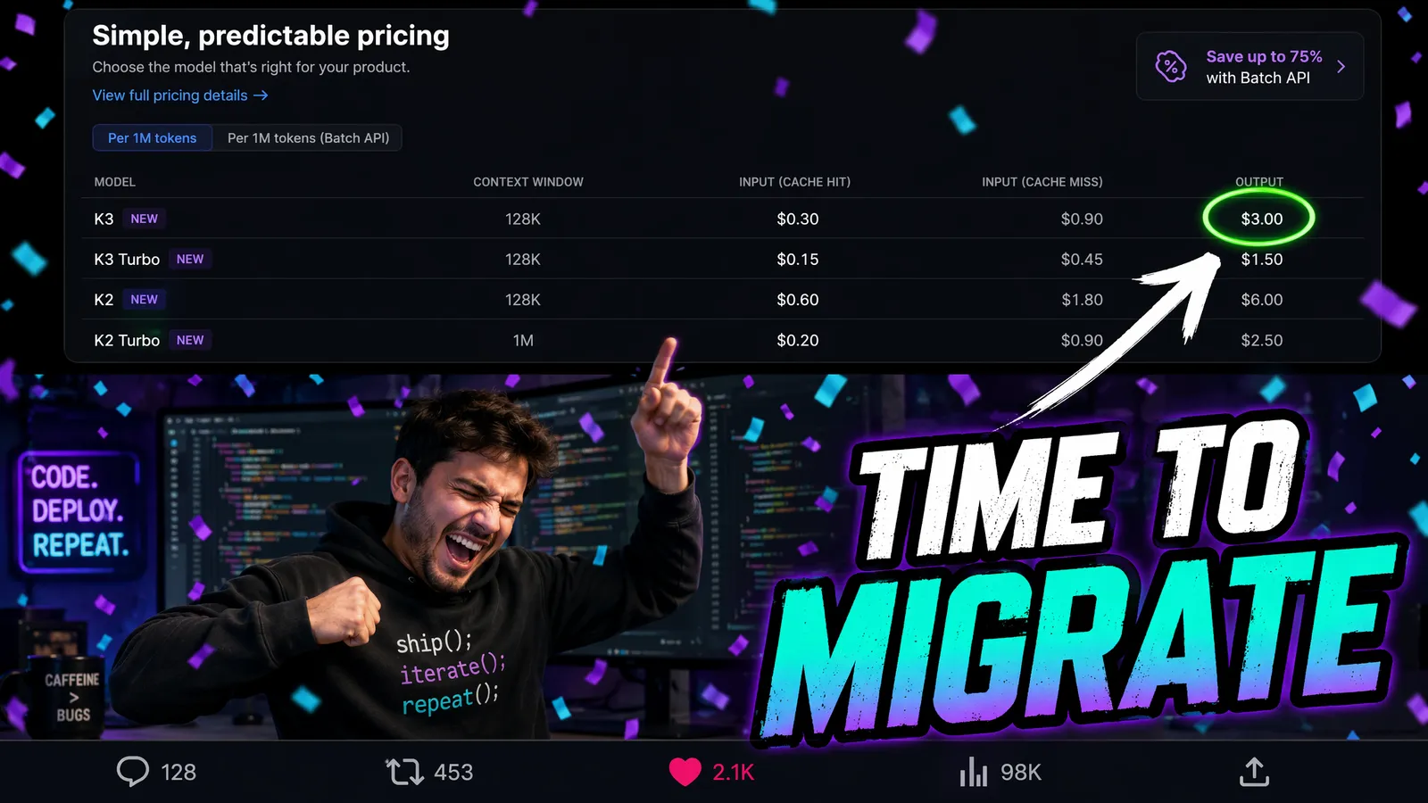 Kimi K3 official pricing table showing $3.00 output price per 1M tokens with TIME TO MIGRATE banner
