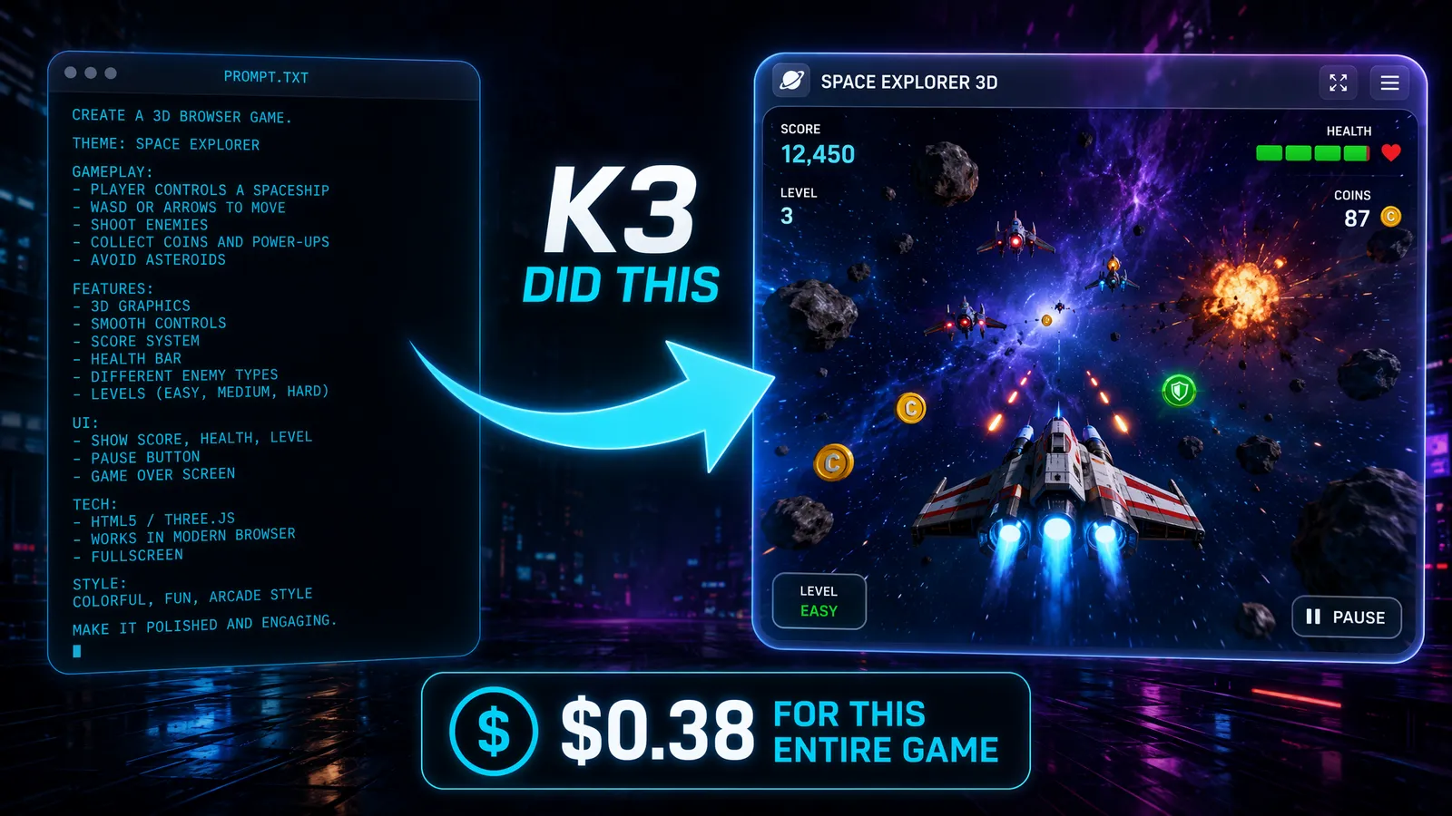 3D browser game SPACE EXPLORER 3D built by Kimi K3