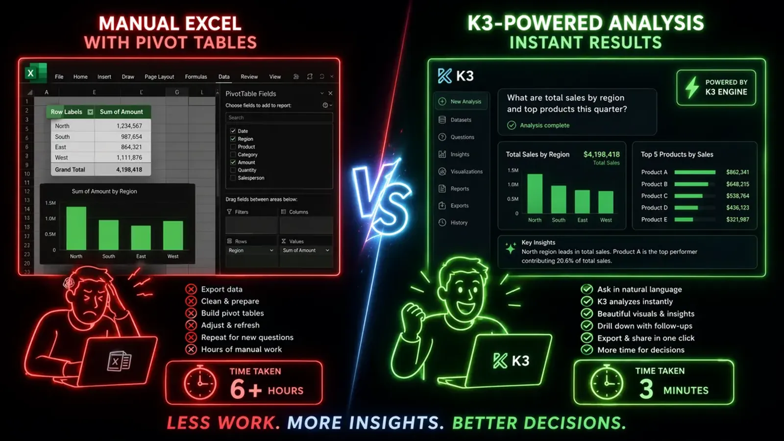 Manual Excel pivot tables vs K3-powered instant analysis comparison