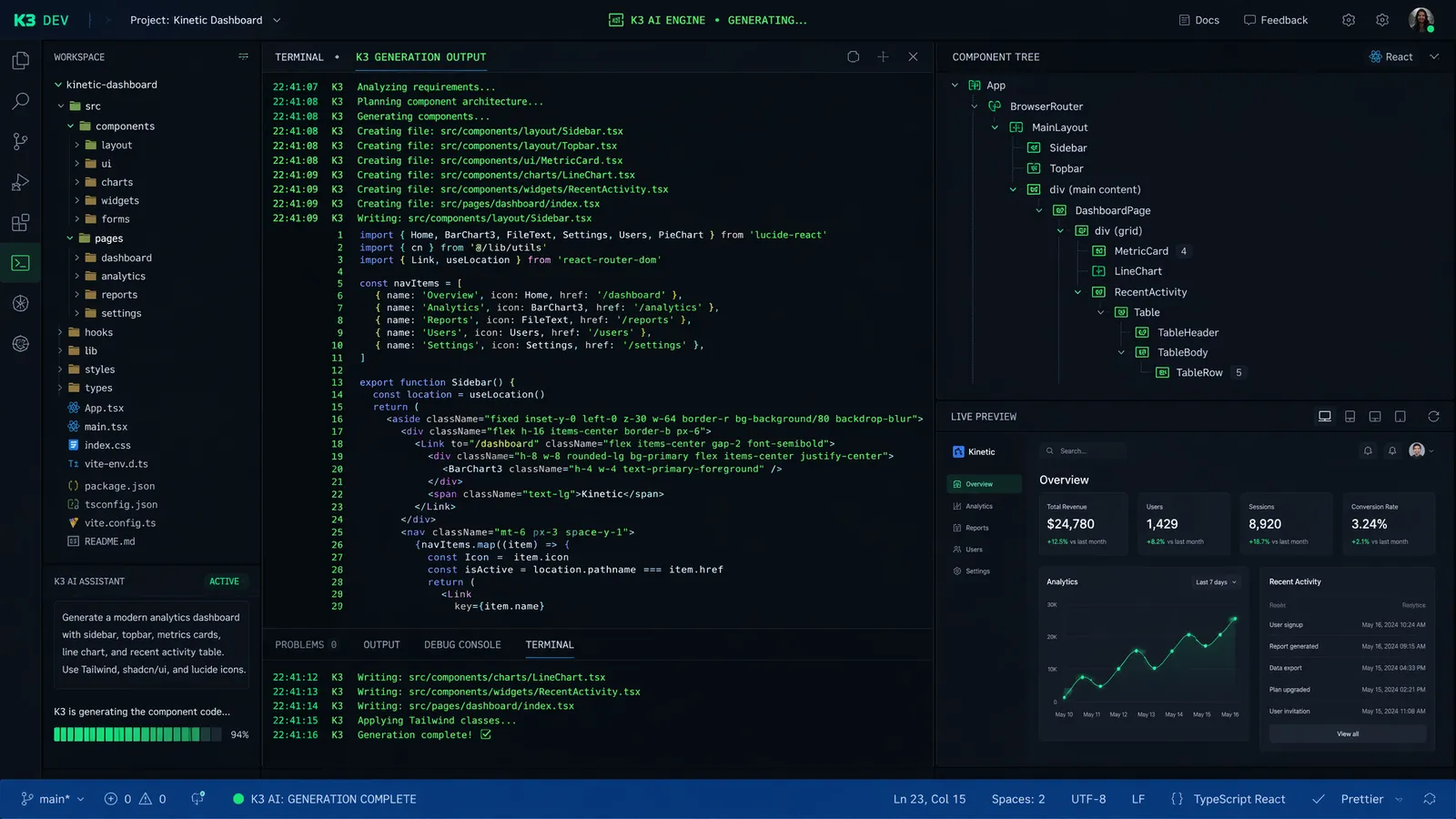 K3DEV interface generating React dashboard from a single prompt
