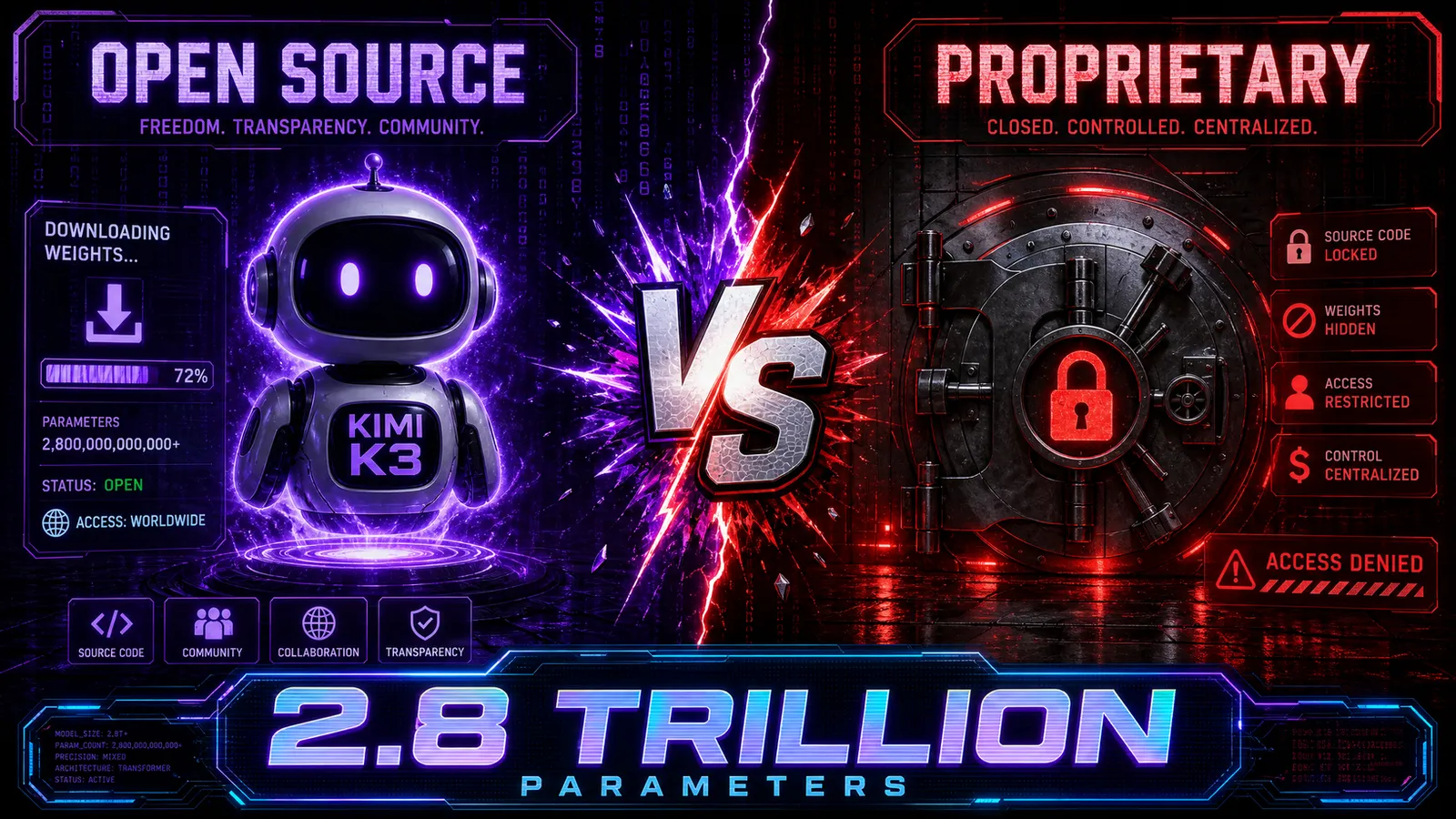Open source AI robot vs proprietary locked vault - Kimi K3 represents the open source revolution