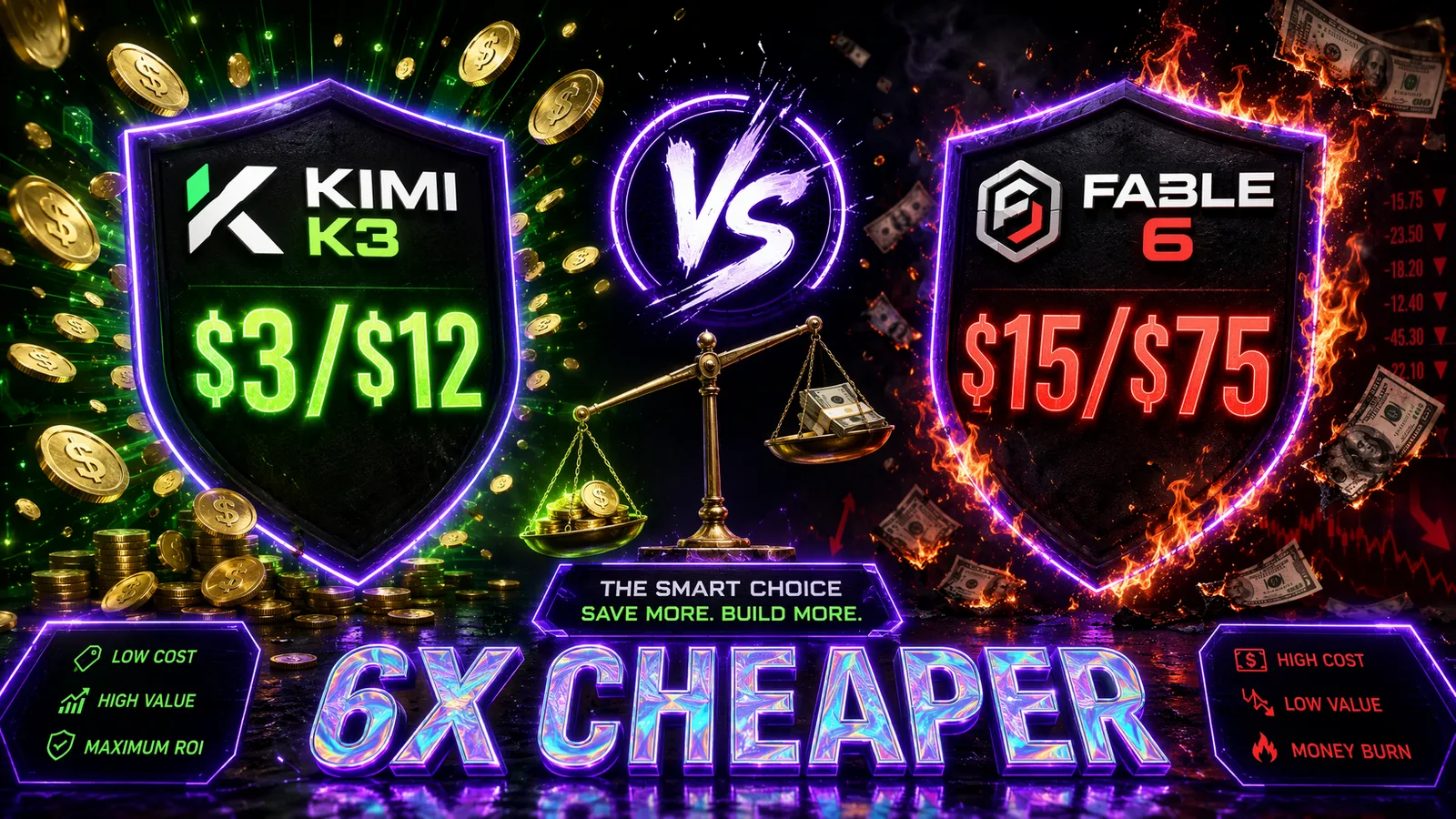 Kimi K3 vs Fable 5 value comparison shield showing $3/$12 vs $15/$75 pricing