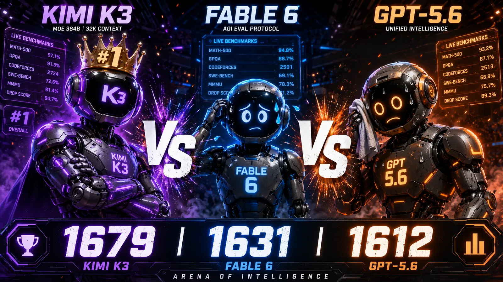 Three-way benchmark comparison: Kimi K3 vs Fable 5 vs GPT-5.6
