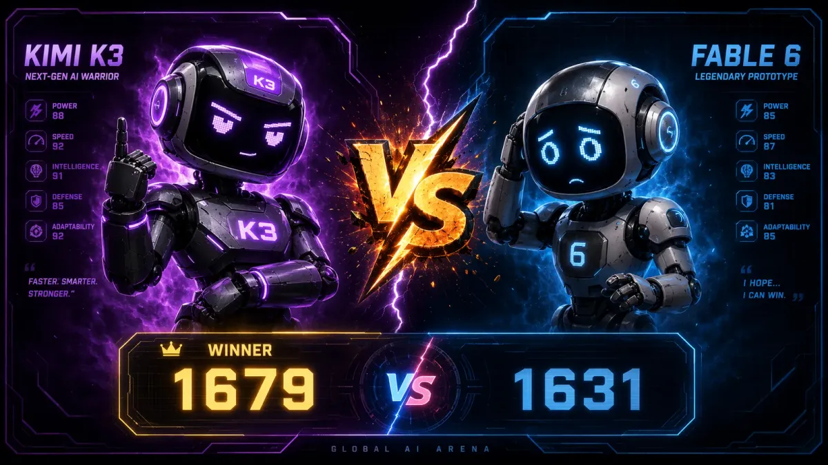 Head-to-head benchmark showdown between Kimi K3 and Fable 5 with robot warriors and VS battle scores