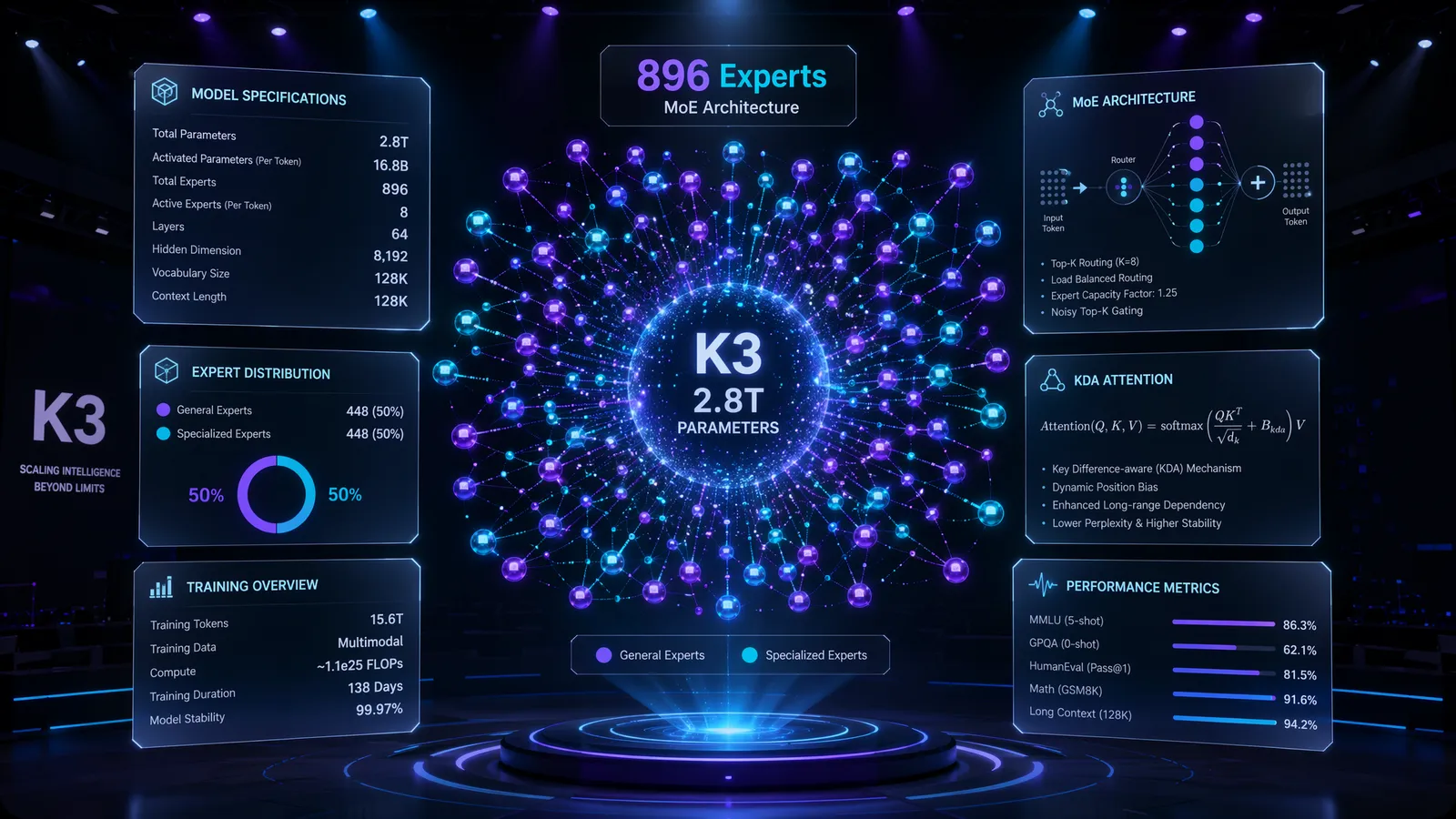 Kimi K3 MoE architecture specifications with 896 experts
