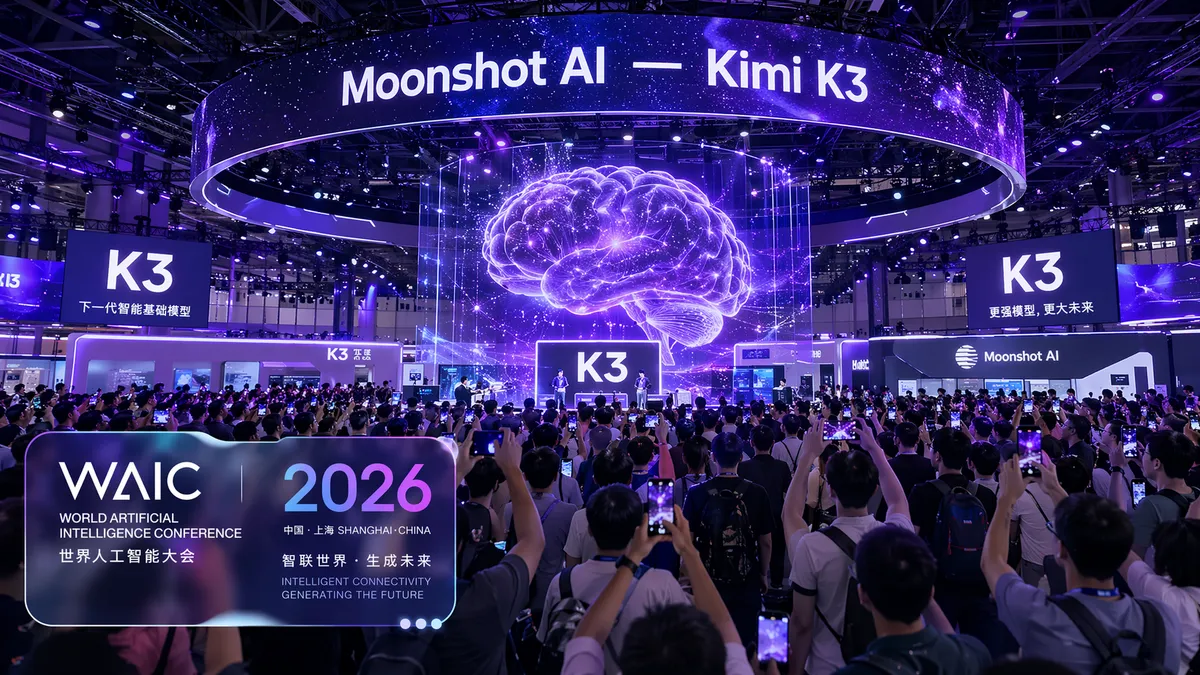 Kimi K3 launch stage at WAIC 2026 Shanghai with massive LED screen showing model architecture